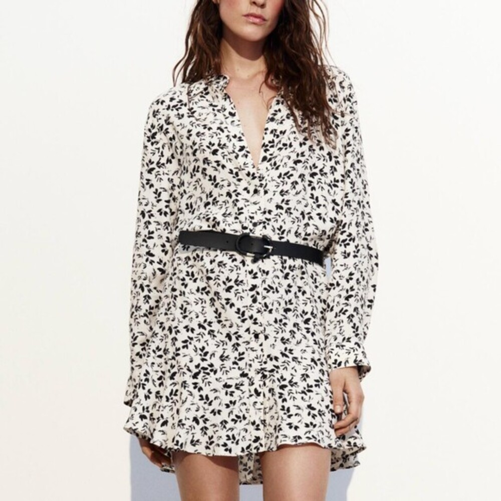 Zara Shirt Dress S Cream Black Floral Leaf Print Ruffle Hem Mini Long Sleeve NWT